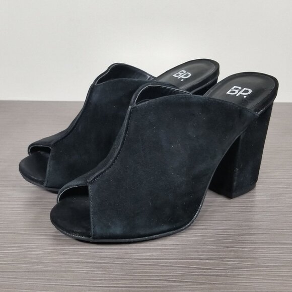 BP. Block Heel Peep-Toe Mules, Black Suede, Womens Size 5.5 M - Picture 1 of 12